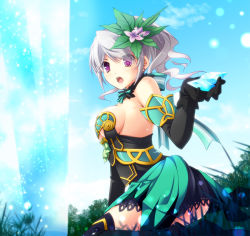 Rule 34 | 1girl, bad id, bad pixiv id, breasts, cleavage, fez (video game), flower, gloves, hair ornament, large breasts, mayokichi, open mouth, ponytail, purple eyes, short hair, skirt, solo, white hair