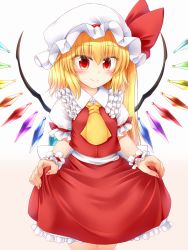 Rule 34 | 1girl, ascot, blonde hair, blush, child, closed mouth, female focus, flandre scarlet, gradient background, hat, highres, lifted by self, long hair, marukyuu ameya, red eyes, red skirt, side ponytail, skirt, solo, standing, touhou, underwear, wings, yellow ascot