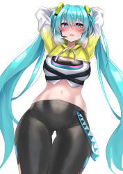 Rule 34 | 1girl, aqua eyes, aqua hair, armpit cutout, arms behind head, arms up, bike shorts, black shorts, blush, breasts, bright pupils, cleavage, clothing cutout, cowboy shot, fitness boxing, gluteal fold, hatsune miku, headset, heavy breathing, highres, kutan, large breasts, long hair, looking at viewer, navel, open mouth, shorts, shrug (clothing), smile, solo, sportswear, thighs, twintails, very long hair