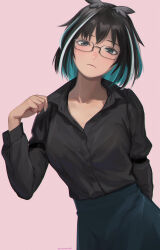 1girl absurdres black-framed_eyewear black_hair black_shirt blue_eyes blue_hair blue_skirt blue_sky breasts closed_mouth commentary_request cowboy_shot glasses highres long_sleeves looking_at_viewer medium_breasts multicolored_hair nanashi_inc. otobeya oura_rukako oura_rukako_(1st_costume) pink_background shirt simple_background skirt sky smile solo streaked_hair virtual_youtuber white_hair