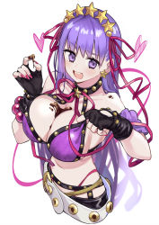 Rule 34 | 1girl, bare shoulders, bb (fate), bb (fate) (all), bb (swimsuit mooncancer) (fate), bb (swimsuit mooncancer) (second ascension) (fate), bead bracelet, beads, belt, bikini, black garter belt, black gloves, blush, bracelet, breasts, chocolate, chocolate on body, chocolate on breasts, cleavage, collarbone, earrings, fate/grand order, fate (series), fingerless gloves, food on body, garter belt, gloves, hair ribbon, hairband, highleg, highleg bikini, highres, jewelry, large breasts, long hair, looking at viewer, micro shorts, nail polish, navel, neck ribbon, open mouth, purple bikini, purple eyes, purple hair, ribbon, ryuuno6, shorts, simple background, smile, solo, star (symbol), star earrings, swimsuit, very long hair, white background, white belt