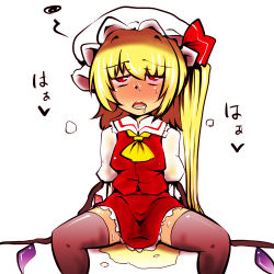 Rule 34 | 1girl, bad id, bad pixiv id, blonde hair, blush, drooling, flandre scarlet, hat, nekokokazuma, open mouth, peeing, peeing self, puddle, red eyes, short hair, side ponytail, solo, spread legs, sweat, thighhighs, touhou, wings