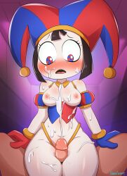 Rule 34 | 1boy, 1girl, blue eyes, breasts, brown hair, clown, clown girl, clown hat, cubedcoconut, cum, cum on body, cum on breasts, cum on clothes, cum on legs, cum on upper body, ejaculation, facial, hat, legs, looking down, medium breasts, navel, nipples, open mouth, penis, pomni (the amazing digital circus), purple background, red eyes, short hair, sweat, the amazing digital circus, tongue