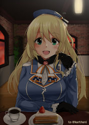 Rule 34 | 10s, 1girl, :d, ascot, atago (kancolle), bad id, bad pixiv id, beret, black gloves, blonde hair, blush, breasts, brick wall, cafe, cake, coffee, cup, dessert, disposable cup, eyelashes, female focus, food, fork, fruit, gloves, green eyes, hat, holding, holding fork, indoors, kantai collection, large breasts, light, long hair, long sleeves, looking at viewer, military, military uniform, open mouth, plate, pov across table, rotamo, saucer, sitting, smile, solo, strawberry, table, teacup, twitter username, uniform, upper body, window, wooden floor