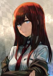Rule 34 | 1girl, blue eyes, breast pocket, breasts, brown hair, brown jacket, checkered background, collared shirt, crossed arms, frown, grey background, hair between eyes, hungry clicker, jacket, long hair, long sleeves, looking away, makise kurisu, medium breasts, necktie, off shoulder, open clothes, open jacket, pocket, red necktie, shirt, solo, steins;gate, upper body, white shirt