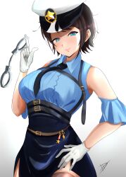 Rule 34 | 1girl, absurdres, black skirt, black thighhighs, blue eyes, blue shirt, blue sleeves, breasts, brown hair, collared shirt, cuffs, detached sleeves, dizuit plus, hand on own hip, handcuffs, hat, highres, holding, holding handcuffs, hololive, large breasts, looking at viewer, official alternate costume, oozora subaru, oozora subaru (8th costume), police hat, shirt, skirt, smile, solo, thighhighs, virtual youtuber