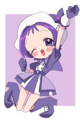 Rule 34 | 1girl, ;d, arm up, blush, boots, capelet, commentary request, dress, full body, gloves, hand up, hat, highres, knee boots, kneeling, looking at viewer, magical girl, ojamajo doremi, one eye closed, one side up, open mouth, pointy footwear, purple capelet, purple dress, purple eyes, purple footwear, purple gloves, purple hair, purple hat, segawa onpu, short hair, smile, solo, sukoyaka (100hituzi), witch hat