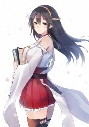 Rule 34 | 10s, 1girl, black hair, book, boots, brown eyes, cherry blossoms, cowboy shot, detached sleeves, hair ornament, hairband, hairclip, haruna (kancolle), headgear, highres, kantai collection, long hair, looking at viewer, nontraditional miko, red skirt, skirt, smile, solo, sumisu (mondo), thigh boots, thighhighs, white background, wide sleeves