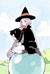 Rule 34 | 1boy, 1girl, aged down, baba (dragon ball), black cape, black hair, black headwear, boots, brother and sister, cape, closed mouth, cloud, commentary request, cupping hands, day, dragon ball, grass, green eyes, grey footwear, hat, kokikuji you, looking to the side, muten roushi, outdoors, own hands together, purple hair, short hair, siblings, sitting, sky, witch hat