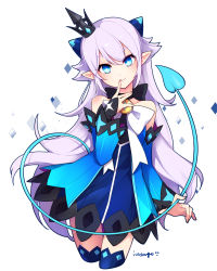 Rule 34 | 1girl, :q, black ribbon, blue dress, blue eyes, blue thighhighs, bow, choker, cropped legs, crown, demon tail, detached sleeves, dress, elsword, head tilt, highres, icedango (dpopic3), long hair, looking at viewer, luciela r. sourcream, mini crown, pointy ears, ribbon, ribbon choker, short dress, signature, silver hair, simple background, solo, symbol-shaped pupils, tail, thighhighs, tongue, tongue out, very long hair, white background, white bow