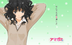 Rule 34 | 1girl, amagami, black hair, highres, messy hair, school uniform, solo, sweater, takayama kisai, tanamachi kaoru, wallpaper, wavy hair