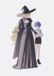 Rule 34 | 1boy, 1girl, absurdres, age difference, ahoge, black cape, black dress, black footwear, black headwear, blonde hair, blue hair, breasts, brooch, candle, candlestand, cape, collared shirt, commission, crescent, crescent earrings, dress, earrings, full body, grey background, hat, hat ornament, highres, holding hands, jewelry, juliet sleeves, long dress, long hair, long sleeves, looking at another, nanoka san, original, puffy sleeves, red eyes, shirt, short hair, short ponytail, shorts, simple background, skeb commission, small breasts, smile, suspender shorts, suspenders, very long hair, white shirt, witch hat, yellow eyes