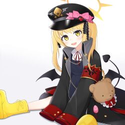 Rule 34 | 1girl, :d, arm support, armband, black coat, blonde hair, blue archive, boots, bow, bowtie, coat, collared shirt, commentary request, crime prevention buzzer, demon girl, demon tail, demon wings, dress, hair between eyes, hair ribbon, halo, hat, highres, ibuki (blue archive), knee boots, long hair, long sleeves, looking at viewer, open clothes, open coat, open mouth, paralier, peaked cap, pinafore dress, pointy ears, red bow, red bowtie, ribbon, school uniform, shirt, sidelocks, simple background, sitting, sleeveless dress, smile, solo, spread legs, stuffed animal, stuffed toy, tail, teddy bear, white background, wings, yellow eyes, yellow footwear