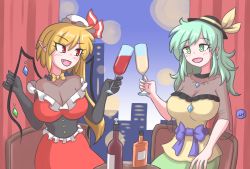 Rule 34 | 2girls, alcohol, alternate costume, black corset, black sleeves, bottle, bow, breasts, chair, champagne, cityscape, cleavage, corset, crystal, curtains, dress, eyeball, fang, flandre scarlet, frilled dress, frills, green eyes, green hair, green skirt, hat, hat bow, hat ribbon, heart, heart of string, highres, indoors, jewelry, komeiji koishi, large breasts, liquor, medium hair, mini hat, mob cap, multiple girls, night, aged up, purple sash, red dress, red skirt, red wine, ribbon, sash, see-through, shirt, side ponytail, skirt, table, temu, third eye, touhou, wavy hair, window, wine, wings, yellow bow, yellow neckwear, yellow shirt