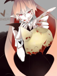 Rule 34 | 1girl, artist request, black dress, blood, blood on face, blood on hands, cannibalism, character name, commentary request, demon girl, dress, fangs, funamusea, giving, haiiro teien, heart, highres, long hair, looking at viewer, mogeko (funamusea), mogeko castle, monster girl, pink hair, ponytail, puffy sleeves, rawberry, religious offering, severed head, solo
