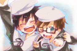 Rule 34 | 2boys, :d, ao no exorcist, beret, brothers, closed eyes, glasses, gradient background, hat, male focus, multiple boys, nari-ham, okumura rin, okumura yukio, one eye closed, open mouth, siblings, smile, upper body, white background, wink