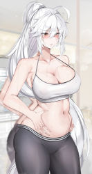 Rule 34 | 1girl, absurdres, ahoge, bannou ippoutsukou, blush, breasts, cleavage, commentary request, curvy, fate/grand order, fate (series), hair between eyes, halterneck, hands on own stomach, high ponytail, highres, jeanne d&#039;arc (fate), jeanne d&#039;arc alter (avenger) (fate), jeanne d&#039;arc alter (fate), large breasts, long hair, navel, pale skin, parted lips, plump, silver hair, solo, sports bra, sweat, very long hair, white sports bra, yellow eyes