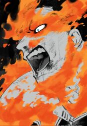 Rule 34 | 1boy, beard stubble, boku no hero academia, close-up, endeavor (boku no hero academia), facial hair, fiery hair, frown, highres, limited palette, ma (maa21maa), male focus, mature male, open mouth, scar, scar across eye, serious, short hair, shouting, sideburns, solo, spiked hair, stubble