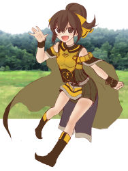 Rule 34 | 1girl, armor, armored dress, artist request, boots, brown eyes, brown hair, cape, commentary request, delthea (fire emblem), fang, fire emblem, fire emblem echoes: shadows of valentia, fire emblem gaiden, forest, hair ribbon, highres, nature, nintendo, pointed boots, ponytail, ribbon, scenery, skirt, smile, solo, waving, yellow ribbon