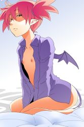 Rule 34 | 1girl, bat wings, bed, between legs, demon girl, disgaea, etna (disgaea), flat chest, hand between legs, highres, kaeru kenshi, nipples, open clothes, open shirt, pointy ears, red hair, shirt, sitting, solo, twintails, wings