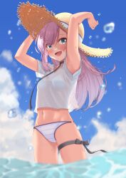 1girl :d absurdres bikini black_choker blue_eyes blue_sky blush breasts brown_hat choker cloud commentary_request cowboy_shot day fear_jyosyu hat highres leg_ribbon long_hair looking_at_viewer midriff navel open_mouth outdoors partially_submerged pink_hair ribbon see-through_clothes see-through_shirt shirt short_sleeves sky smile solo standing straw_hat swept_bangs swimsuit thigh_ribbon toji_no_miko tsubakuro_yume water white_bikini white_shirt