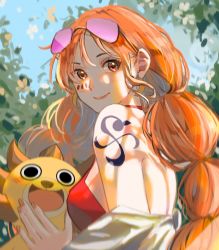 Rule 34 | bare shoulders, blurry, blurry background, breasts, crop top, eyewear on head, highres, long hair, looking at viewer, nami (one piece), one piece, one piece film: red, orange eyes, orange hair, outdoors, red tank top, shoulder tattoo, smile, sunglasses, tank top, tattoo, twintails, upper body, white peach art