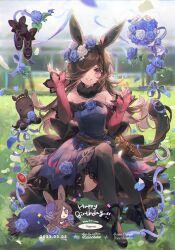 Rule 34 | 1girl, animal ears, bare shoulders, belt, black footwear, black thighhighs, blue flower, blue rose, blurry, blurry background, blush, bouquet, breasts, brown hair, character name, dagger, dated, day, dress, flower, full body, fur choker, hair over one eye, hands up, happy birthday, hat, unworn hat, unworn headwear, high heels, horse ears, horse girl, horse tail, knees up, knife, long hair, long sleeves, looking at viewer, off-shoulder dress, off shoulder, open mouth, outdoors, purple eyes, rice shower (umamusume), rose, sheath, sheathed, sitting, small breasts, smile, solo, stuffed toy, tail, thighhighs, umamusume, weapon, welchino, white flower, white rose