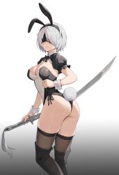 Rule 34 | 1girl, 2b (nier:automata), animal ears, ass, black thighhighs, blindfold, blush, boots, breasts, cbmus, cleavage, facing viewer, grey hair, highres, holding, holding sword, holding weapon, katana, leotard, looking at viewer, mole, mole under mouth, nier:automata, nier (series), playboy bunny, rabbit ears, rabbit tail, short hair, shrug (clothing), simple background, solo, sword, tail, thigh boots, thighhighs, weapon, white background