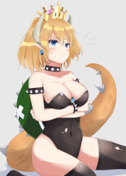 Rule 34 | 1girl, amakawa ruka, armlet, arms under breasts, bandaid, bare shoulders, black leotard, black thighhighs, blonde hair, blue eyes, blush, bowsette, bracelet, breasts, cleavage, collar, collarbone, commentary request, covered navel, crossed arms, earrings, hair between eyes, jewelry, large breasts, leotard, mario (series), new super mario bros. u deluxe, nintendo, pointy ears, scuffed, shell, shiny clothes, sitting, solo, spiked armlet, spiked bracelet, spiked collar, spikes, super crown, tail, tearing up, thick eyebrows, thighhighs