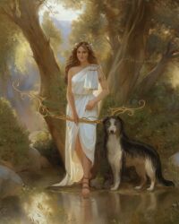 Rule 34 | 1girl, absurdres, armlet, artemis (mythology), bow (weapon), brown hair, day, dog, dress, greek mythology, highres, holding, holding bow (weapon), holding weapon, long hair, looking at viewer, marblenxart, outdoors, reflection, reflective water, sandals, sleeveless, sleeveless dress, tree, water, weapon, white dress