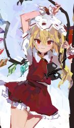 Rule 34 | 1girl, blonde hair, closed mouth, crystal, flandre scarlet, hat, hat ribbon, highres, holding, laevatein (touhou), looking at viewer, mob cap, no lineart, one side up, red eyes, red ribbon, red vest, reddizen, ribbon, solo, touhou, vest, white hat, wrist cuffs