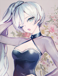 Rule 34 | 1girl, blue eyes, breasts, cleavage, earrings, ecru, grey background, hand in own hair, hand on own hip, head tilt, jewelry, long hair, long sleeves, looking at viewer, one eye closed, open mouth, rwby, scar, scar across eye, scar on face, shrug (clothing), side ponytail, silver hair, small breasts, solo, upper body, very long hair, weiss schnee