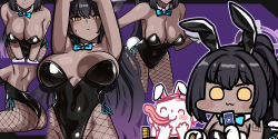 Rule 34 | 1boy, 1girl, animal ears, armpits, arms up, ass, bare shoulders, black hair, black leotard, blue archive, blue bow, blue bowtie, bow, bowtie, breasts, cleavage, covered navel, dark-skinned female, dark skin, detached collar, doodle sensei (blue archive), fake animal ears, fishnet pantyhose, fishnets, gloves, highleg, highleg leotard, jazz jack, karin (blue archive), karin (bunny) (blue archive), large breasts, leotard, long hair, number tattoo, official alternate costume, official alternate hairstyle, pantyhose, playboy bunny, ponytail, rabbit ears, rabbit tail, sensei (blue archive), shoulder tattoo, strapless, strapless leotard, tail, tattoo, traditional bowtie, very long hair, white gloves, wrist cuffs, yellow eyes