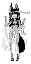 Rule 34 | 1girl, animal ears, anklet, batta (kanzume quality), bracelet, circlet, closed mouth, commentary request, dark skin, dark-skinned female, egyptian clothes, fox ears, fox tail, full body, greyscale, hands up, jewelry, long hair, looking at viewer, monochrome, navel, original, pelvic curtain, sandals, sanpaku, simple background, slit pupils, smile, solo, stomach, tail, translation request, white background