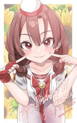 Rule 34 | 1girl, aogirism, aria (manga), artist name, azusa mclaren, blush, border, bow, bowtie, brown hair, closed mouth, collarbone, cowboy shot, dated, dress, earrings, eyelashes, fingerless gloves, floral background, flower, gloves, hair between eyes, hair bun, hands up, happy birthday, hat, highres, himeya company uniform, jewelry, leaning forward, mole, mole under eye, pointing, pointing at self, red bow, red bowtie, red eyes, red gloves, red hat, sailor collar, single glove, smile, solo, sunflower, twintails, twitter username, two-tone headwear, white border, white dress, white hat