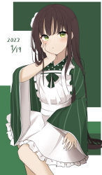 Rule 34 | 1girl, :t, absurdres, ama usa an uniform, apron, blush, brown hair, closed mouth, commentary request, dated, feet out of frame, frilled apron, frills, gochuumon wa usagi desu ka?, green background, green eyes, green kimono, hand up, highres, japanese clothes, k12040707, kimono, long hair, long sleeves, looking at viewer, sleeves past wrists, solo, two-tone background, ujimatsu chiya, uniform, very long hair, waitress, white apron, white background, wide sleeves