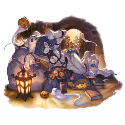 Rule 34 | 3girls, alpha transparency, black hair, book, breasts, candy, cleavage, cookie, cupcake, dress, food, ghost, ghost costume, granblue fantasy, hair between eyes, hair over one eye, holding, holding book, indoors, jack-o&#039;-lantern, lantern, lich (granblue fantasy), lich (halloween) (granblue fantasy), long hair, long sleeves, lyria (granblue fantasy), minaba hideo, multiple girls, official art, open mouth, plate, purple eyes, rosetta (granblue fantasy), sharp teeth, sleeves past fingers, sleeves past wrists, small breasts, smile, teeth, transparent background, white dress