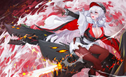 Rule 34 | 1girl, absurdres, aircraft, azur lane, beam, black footwear, black jacket, blood, blood on face, bra, bra peek, breasts, brown gloves, brown pantyhose, buttons, cape, chinese commentary, cleavage, commentary request, cross, facial scar, full body, fur-trimmed cape, fur trim, gloves, graf zeppelin (azur lane), hair between eyes, hat, high heels, highres, iron cross, jacket, large breasts, long hair, long sleeves, looking to the side, military hat, multicolored cape, multicolored clothes, open mouth, outstretched arm, pantyhose, peaked cap, red background, red eyes, rigging, scar, scar on cheek, scar on face, sidelocks, silver hair, sitting, skirt, smoke, solo, torn clothes, torn jacket, torn pantyhose, torn skirt, tsumiki (12756023), underwear, uniform, very long hair, white bra, white skirt