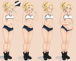 Rule 34 | 1girl, absurdres, anger vein, angry, blonde hair, blush, braid, breasts, cafin, embarrassed, fate/apocrypha, fate/grand order, fate (series), green eyes, hand on own stomach, highres, looking at viewer, mordred (fate), mordred (fate/apocrypha), mordred (memories at trifas) (fate), multiple views, ponytail, pregnancy test, pregnant, progression, shorts, small breasts, strapless, surprised, tube top, wide-eyed