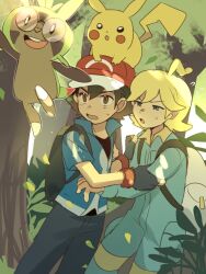 Rule 34 | 2boys, :o, ahoge, ash ketchum, backpack, bag, black pants, black shirt, blonde hair, blue jacket, brown eyes, chespin, clemont (pokemon), commentary request, creatures (company), day, fingerless gloves, game freak, gen 1 pokemon, gen 6 pokemon, gloves, hat, highres, jacket, jumpsuit, male focus, multiple boys, nintendo, on head, open mouth, outdoors, pants, pikachu, pokemon, pokemon (anime), pokemon (creature), pokemon on head, pokemon xy (anime), red headwear, shirt, short sleeves, squinting, standing, suikaels, sweatdrop