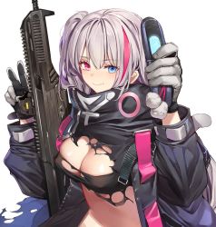 Rule 34 | 1girl, assault rifle, automatic rifle, battle rifle, black bra, black jacket, blue eyes, bra, breasts, bullpup, carbine, cleavage, closed mouth, desert tech mdr, girls&#039; frontline, gloves, grey gloves, gun, hands up, heterochromia, highres, holding, holding gun, holding weapon, jacket, kaerunoko, large breasts, long hair, long sleeves, looking at viewer, mdr (girls&#039; frontline), multicolored hair, name connection, object namesake, one side up, open clothes, open jacket, pink eyes, pink hair, rifle, sidelocks, silver hair, simple background, smile, solo, stomach, streaked hair, torn clothes, underwear, upper body, v, weapon, white background