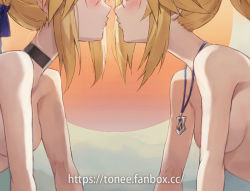 Rule 34 | 2girls, artoria pendragon (all), artoria pendragon (fate), black choker, blonde hair, blue ribbon, blush, breasts, choker, commentary request, facing another, fate/grand order, fate (series), from side, hair ribbon, head out of frame, imminent kiss, incest, jewelry, long neck, medium breasts, medium hair, mordred (fate), mordred (fate/apocrypha), mother and daughter, multiple girls, necklace, nude, ponytail, ribbon, saber (fate), short hair, tonee, watermark, web address, yuri