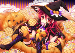 Rule 34 | 1girl, black cape, black footwear, black gloves, black hat, black shirt, boots, bow, bowtie, bread, candy, cape, commentary request, cross-laced footwear, doily, food, frilled shorts, frills, gloves, halloween, halloween costume, hat, highres, holding, holding food, jack-o&#039;-lantern, jewelry, long hair, looking at viewer, mouth hold, necklace, orange shorts, orange thighhighs, pumpkin, purple bow, purple bowtie, red eyes, red hair, shakugan no shana, shana, shirt, shorts, sitting, solo, tachitsu teto, thighhighs, witch hat