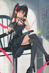 Rule 34 | 1girl, bare shoulders, black choker, black dress, black footwear, black hair, black thighhighs, bow, breasts, choker, cleavage, closed mouth, criss-cross halter, crossed legs, dress, dress bow, earrings, hair ribbon, halterneck, head rest, high heels, highres, indoors, jewelry, light smile, long hair, looking at viewer, medium breasts, on chair, original, picture frame, pink eyes, pink ribbon, plant, potted plant, ribbon, sitting, solo, thighhighs, tiara, two side up, xyunx
