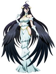Rule 34 | 1girl, ahoge, albedo (overlord), bare shoulders, black hair, black wings, breasts, character sheet, cleavage, demon girl, detached collar, dress, expressions, female focus, full body, gloves, highres, hip vent, horns, langrisser, langrisser mobile, large breasts, long hair, long legs, low wings, multiple views, off-shoulder dress, off shoulder, official art, overlord (maruyama), simple background, smile, very long hair, white background, white dress, white gloves, wings, yellow eyes