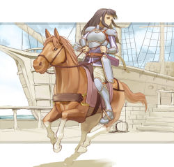 Rule 34 | 1girl, armor, armored boots, astrid (fire emblem), belt, black hair, boots, bow (weapon), fire emblem, fire emblem: path of radiance, gauntlets, harbor, horse, horseback riding, long hair, looking to the side, nintendo, nonji (sayglo halo), pants, quiver, riding, serious, solo, weapon, white pants