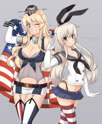 Rule 34 | 10s, 2girls, american flag, anchor, anchor hair ornament, bad id, bad pixiv id, black panties, blonde hair, blue eyes, breasts, cleavage, cowboy shot, crop top, elbow gloves, fingerless gloves, front-tie top, garter straps, gloves, green eyes, hair between eyes, hair ornament, highleg, highleg panties, iowa (kancolle), kantai collection, large breasts, lindaroze, long hair, miniskirt, multiple girls, one eye closed, panties, parted lips, salute, shimakaze (kancolle), skirt, small breasts, standing, star-shaped pupils, star (symbol), striped clothes, striped thighhighs, symbol-shaped pupils, thighhighs, underwear, vertical-striped clothes, vertical-striped thighhighs, white gloves