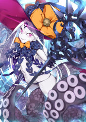 Rule 34 | 1girl, abigail williams (fate), abigail williams (third ascension) (fate), black bow, black hat, black panties, bow, colored skin, commentary request, fate/grand order, fate (series), forehead, glowing, grey skin, hat, hat bow, key, keyhole, long hair, looking at viewer, lowleg, lowleg panties, naha78, orange bow, panties, parted bangs, polka dot, polka dot bow, purple eyes, revealing clothes, sharp teeth, silver hair, skindentation, smile, solo, suction cups, teeth, tentacles, underwear, very long hair, witch hat