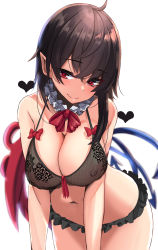Rule 34 | 1girl, absurdres, asymmetrical wings, black hair, blue wings, bow, bowtie, bra, breasts, cleavage, collar, covered erect nipples, frilled collar, frills, heart, heart-shaped pupils, highres, houjuu nue, lace, looking at viewer, microskirt, navel, pointy ears, red bow, red bowtie, red eyes, red wings, see-through, short hair, simple background, skirt, smile, solo, symbol-shaped pupils, touhou, underwear, white background, wide hips, wings, yukito (dreamrider)