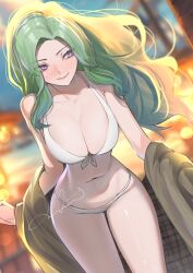 Rule 34 | 1girl, absurdres, adomiwan, bare shoulders, bikini, blush, breasts, cleavage, closed mouth, collarbone, front-tie bikini top, front-tie top, green hair, green jacket, highres, jacket, jacket partially removed, large breasts, long hair, looking to the side, midori (adomiwan), navel, original, outdoors, pink eyes, shiny skin, signature, smile, solo, stomach, swimsuit, thighs, white bikini